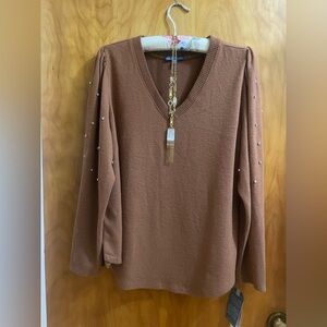 Democracy Brown V-Neck Sweater with Pearl Accents